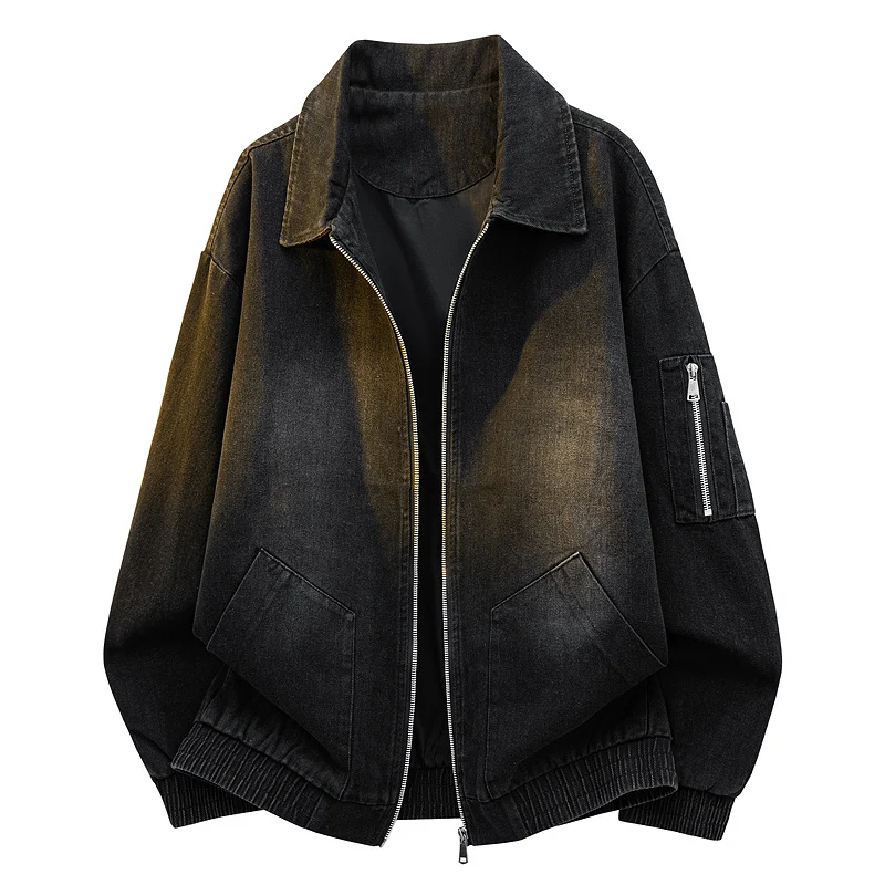 Herren Oversize Jeans‑Bomberjacke mit Used‑Waschung und Reißverschluss‑Ärmeltasche Drune