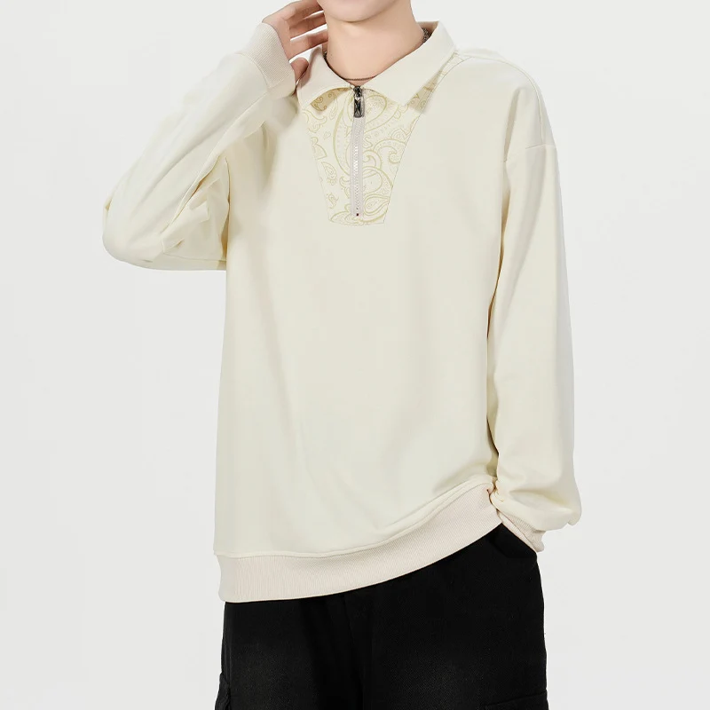 Herren Lockeres Sweatshirt mit Polokragen, halbem Reißverschluss und Paisley-Besatz Drune