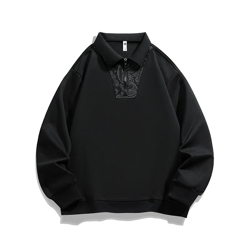 Herren Lockeres Sweatshirt mit Polokragen, halbem Reißverschluss und Paisley-Besatz Drune