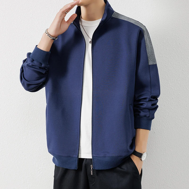 Herren Leichte Zip‑Trainingsjacke im Minimalstil mit Stehkragen und Kontrastpaspel Drune