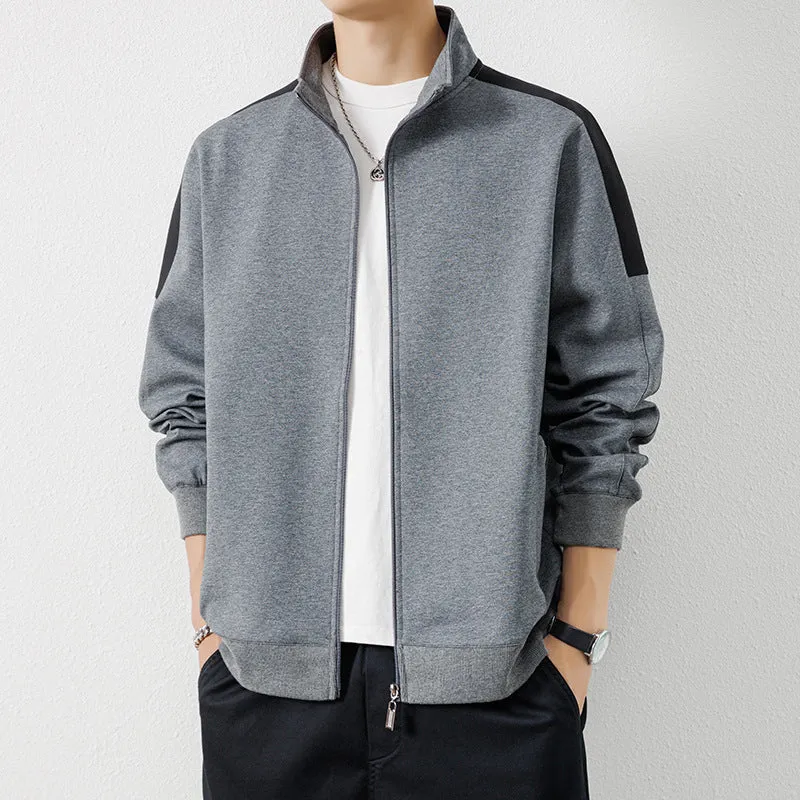 Herren Leichte Zip‑Trainingsjacke im Minimalstil mit Stehkragen und Kontrastpaspel Drune