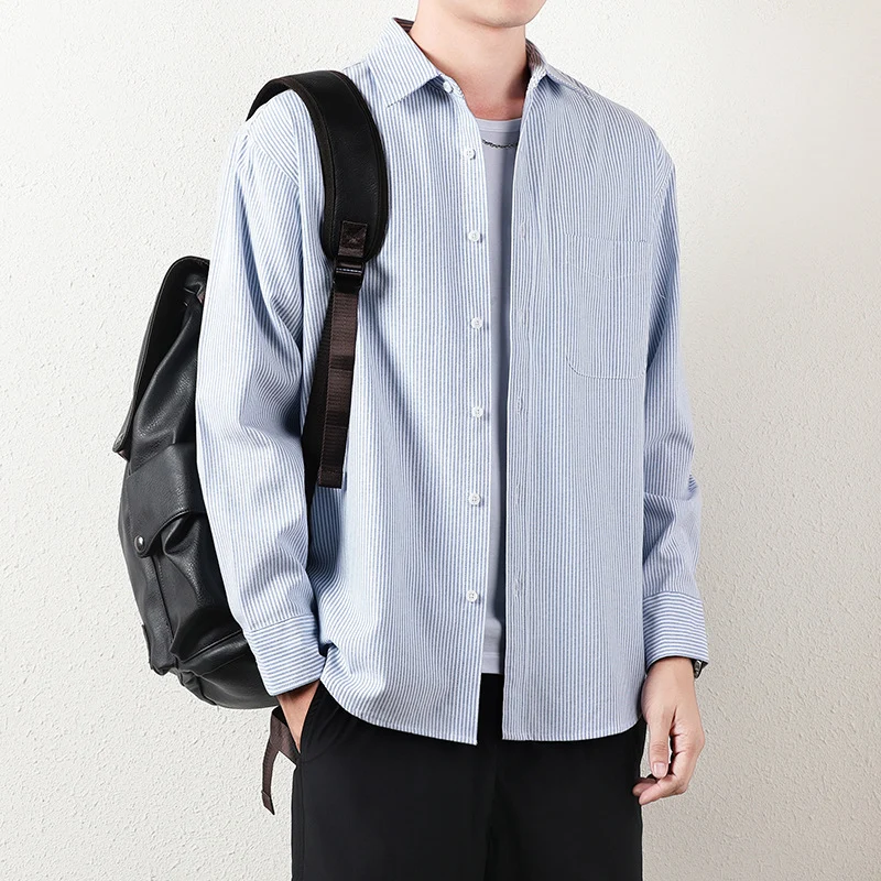 Herren Gestreiftes Oversize-Freizeithemd aus Baumwollmischung mit Brusttasche Drune