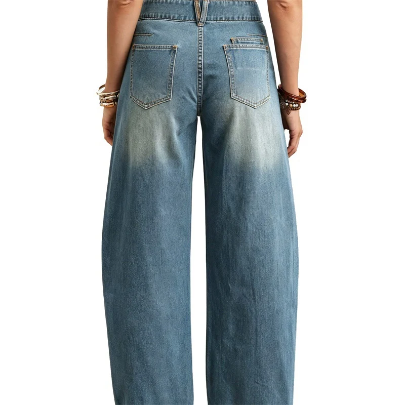 Damen Weite hochgeschnittene Jeans mit geschwungenen Nahtdetails und aufgesetzten Taschen Drune
