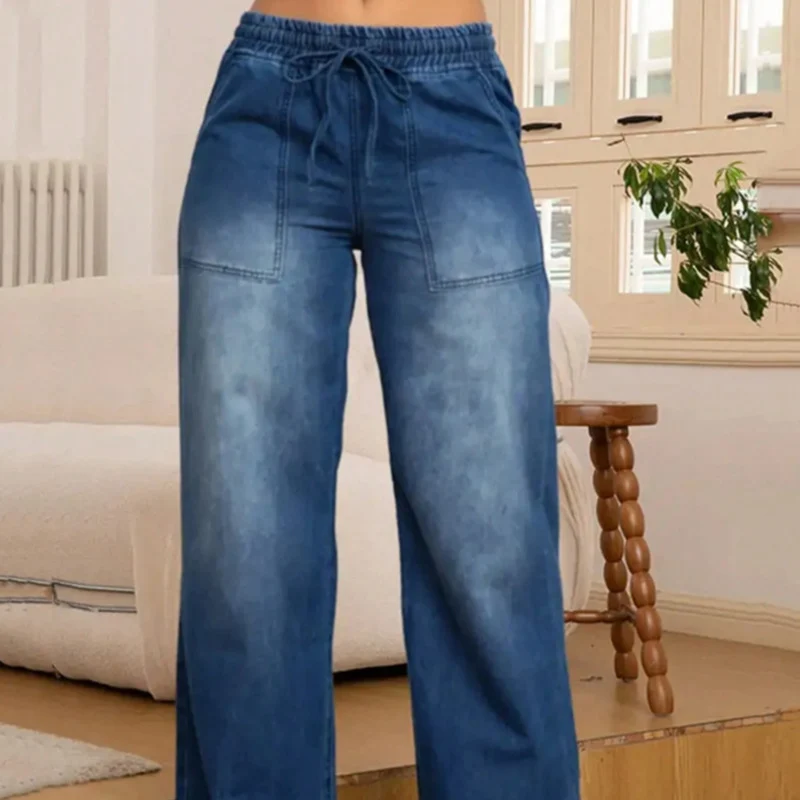 Damen Weite High-Waist-Jeans mit elastischem Bund und Kordelzug Drune