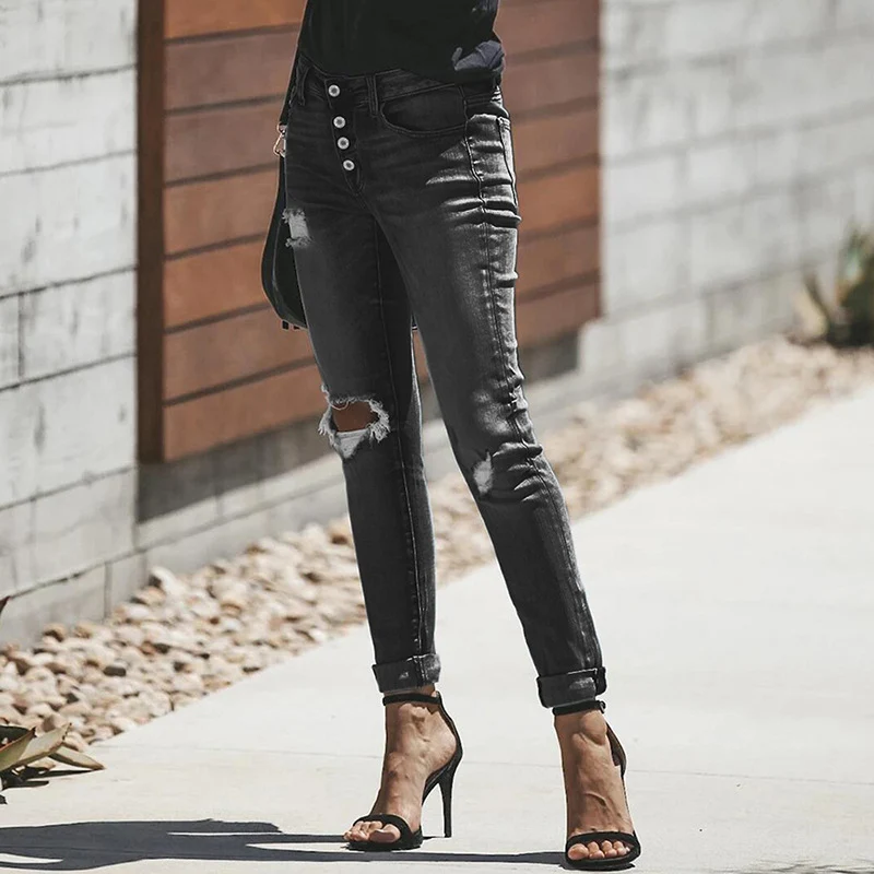 Damen Skinny-Jeans mit hoher Knopfleiste und lässigem Ripped-Used-Look Drune