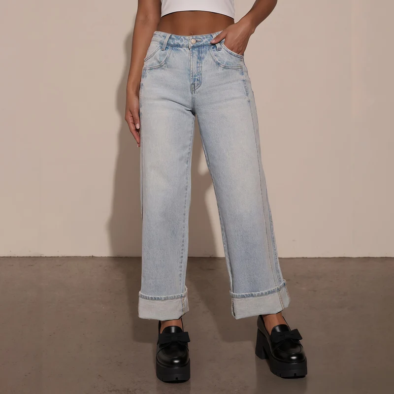 Damen Hochtaillierte weite Jeans mit extra breitem Umschlag Drune