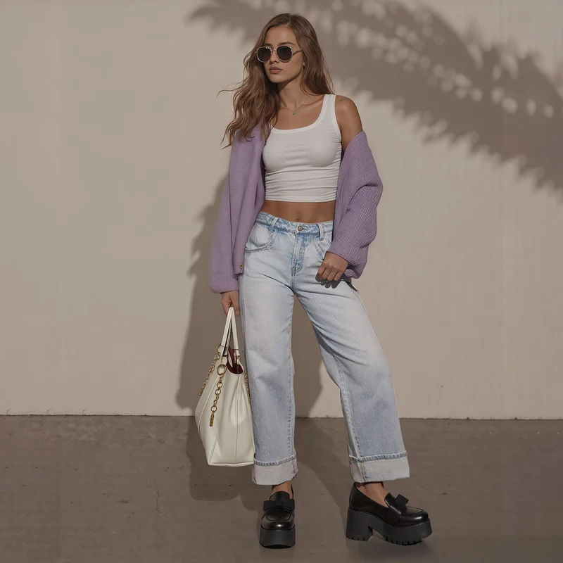 Damen Hochtaillierte weite Jeans mit extra breitem Umschlag Drune