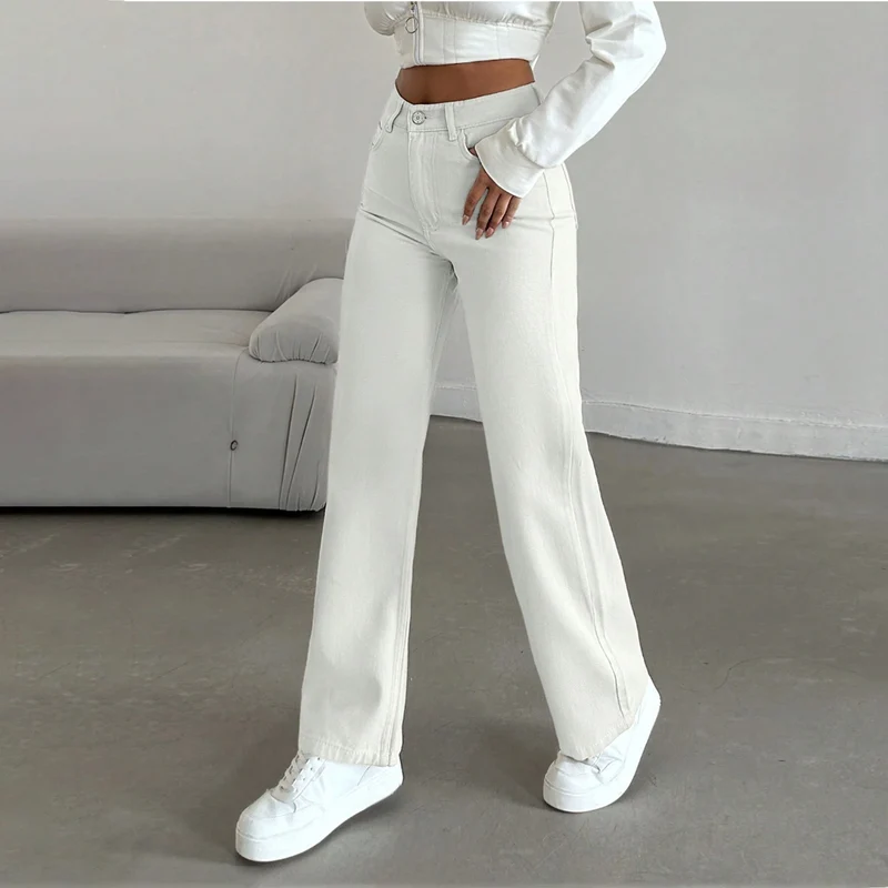 Damen Hochtaillierte weite Fünf-Taschen-Hose aus elastischem Denim mit ausgestelltem Bein Drune
