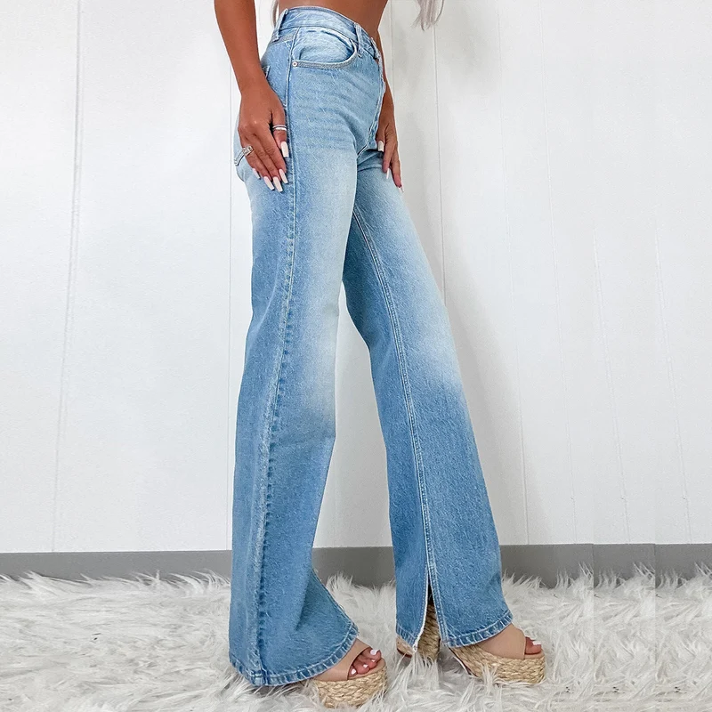 Damen hochtaillierte Schlaghose aus Denim mit Frontschlitz und weitem Bein Drune