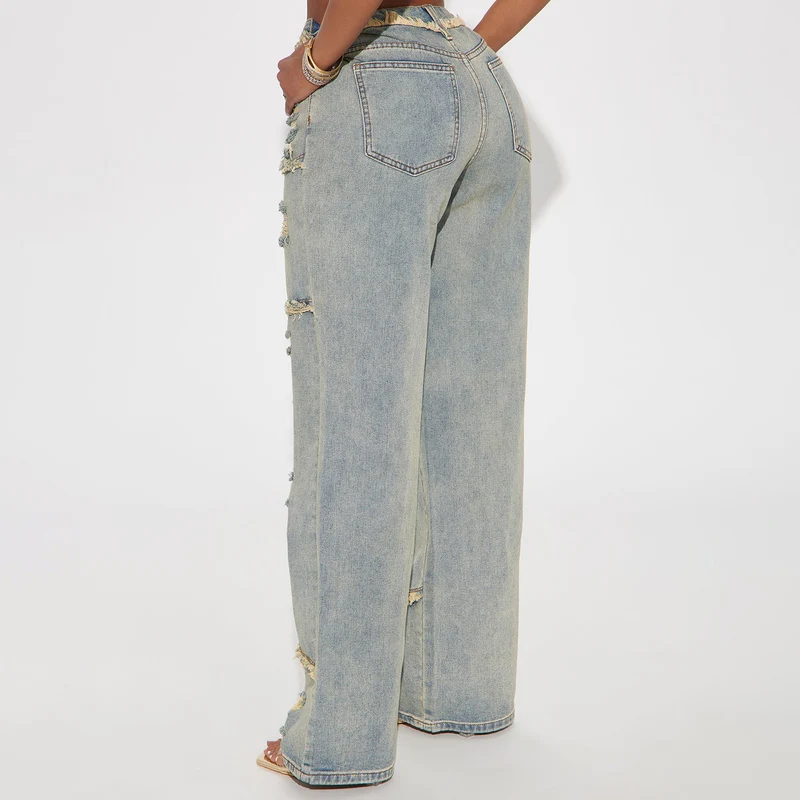 Damen Hochtaillierte Oversize-Jeans mit weitem Bein und ausgefransten Rissen Drune