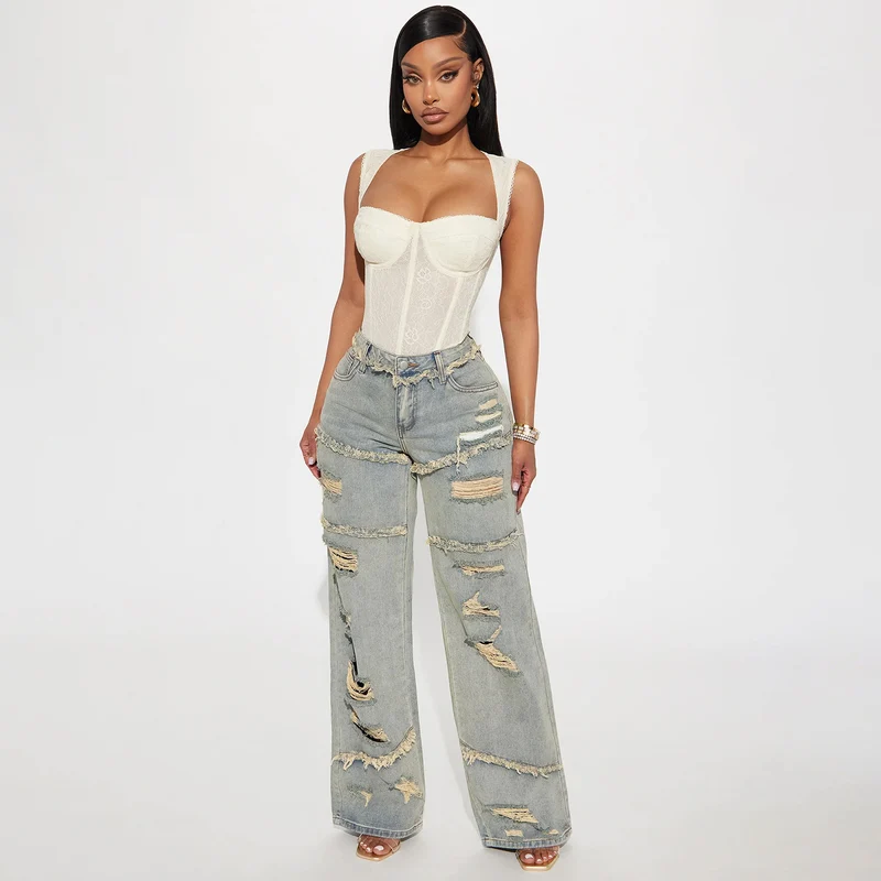 Damen Hochtaillierte Oversize-Jeans mit weitem Bein und ausgefransten Rissen Drune