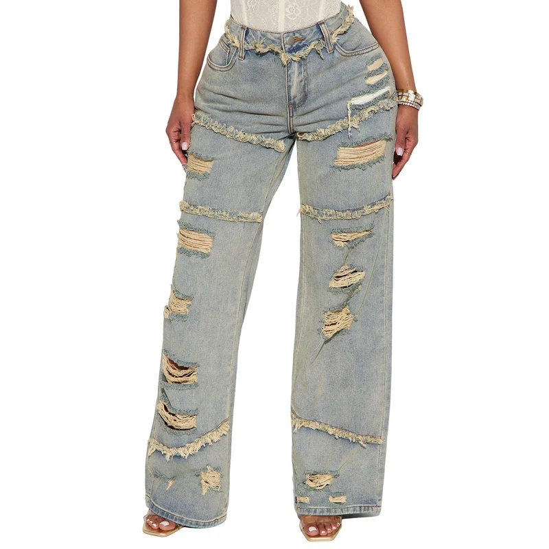 Damen Hochtaillierte Oversize-Jeans mit weitem Bein und ausgefransten Rissen Drune