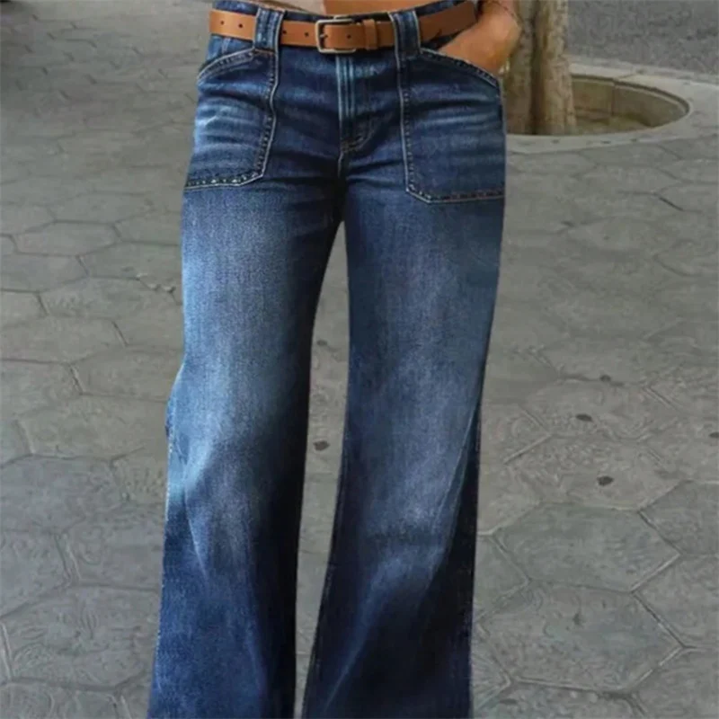 Damen Hochtaillierte Denim-Jeans mit weitem Schlagbein und aufgesetzten Vordertaschen Drune