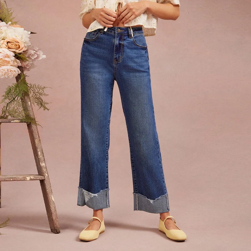 Damen Hochtaillierte Cropped-Jeans mit weitem Bein und ausgefranstem Umschlag Drune