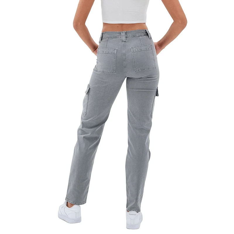 Damen Hochtaillierte Cargohose aus Denim mit geradem Bein und Mehrfachtaschen Drune