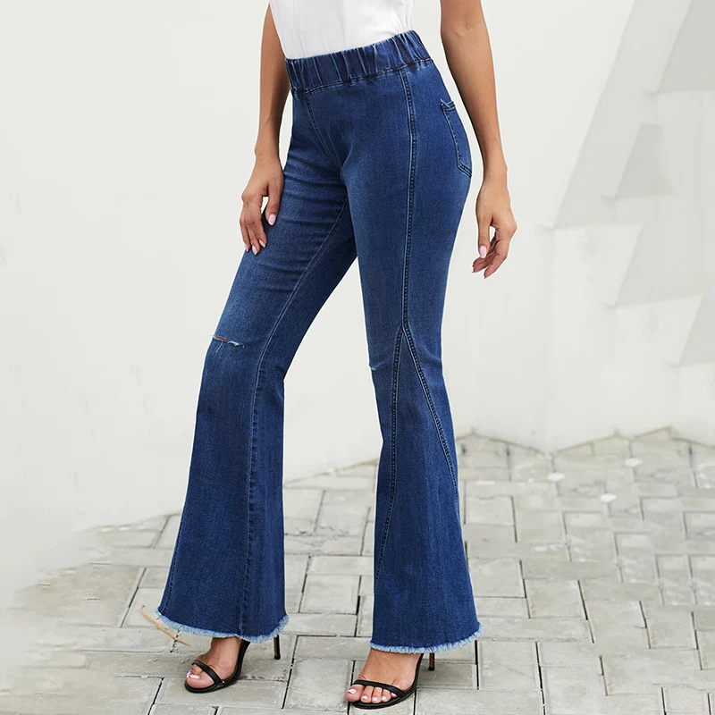 Damen hochtaillierte ausgestellte Denim-Hose mit elastischem Tunnelzugbund, Ziernähten und rohem Saum Drune
