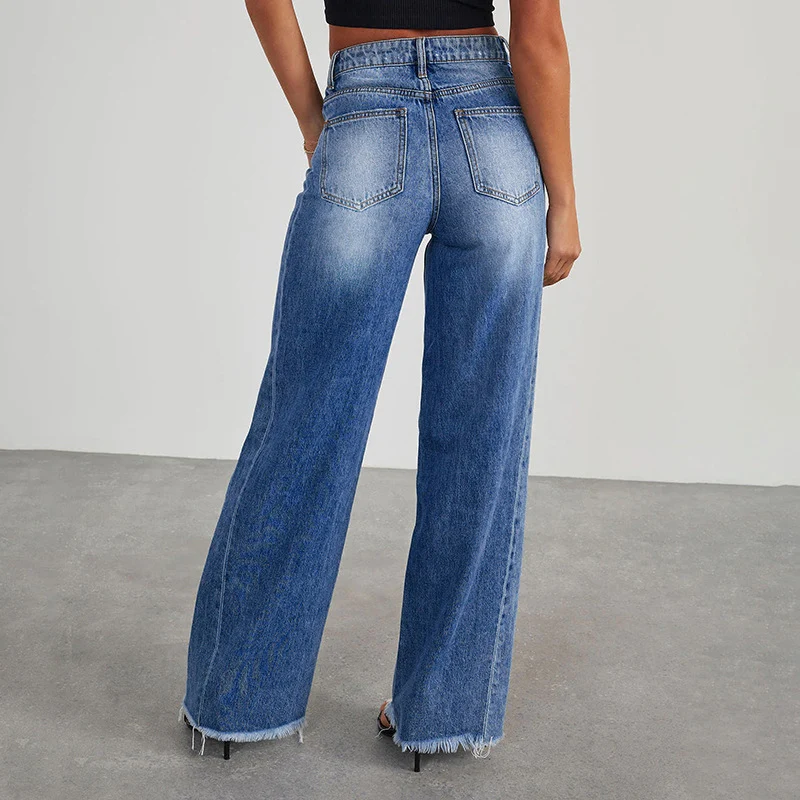 Damen High-Waist Schlagjeans mit weitem Bein und ausgefranstem Saum Drune