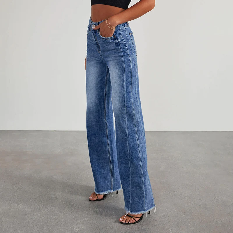 Damen High-Waist Schlagjeans mit weitem Bein und ausgefranstem Saum Drune