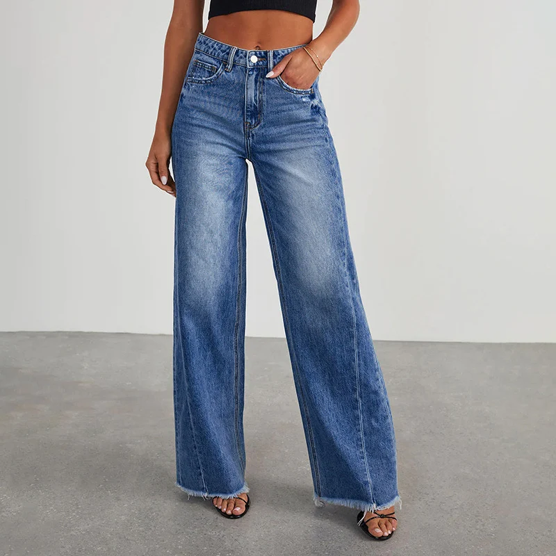 Damen High-Waist Schlagjeans mit weitem Bein und ausgefranstem Saum Drune