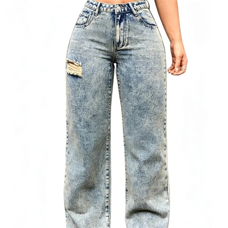 Damen High-Waist Relaxed-Jeans mit Steinwasch-Effekt und seitlichem aufgerissenem Einsatz Drune