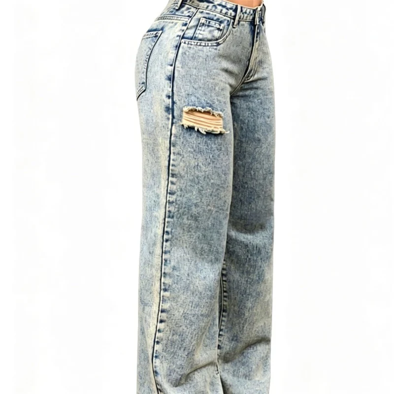 Damen High-Waist Relaxed-Jeans mit Steinwasch-Effekt und seitlichem aufgerissenem Einsatz Drune