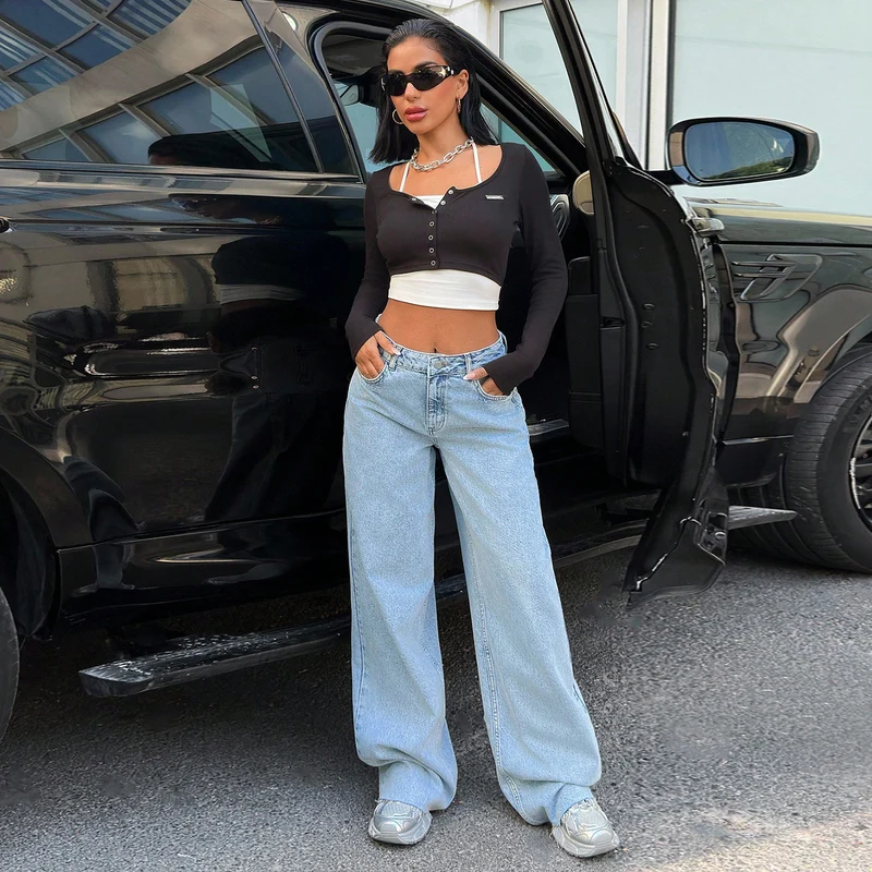 Damen High‑Waist Oversize-Jeans mit weitem Bein und seitlichen Keilschlitzen Drune