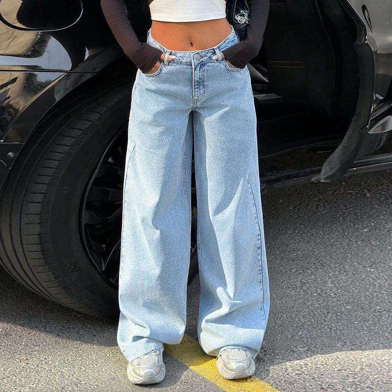 Damen High‑Waist Oversize-Jeans mit weitem Bein und seitlichen Keilschlitzen Drune