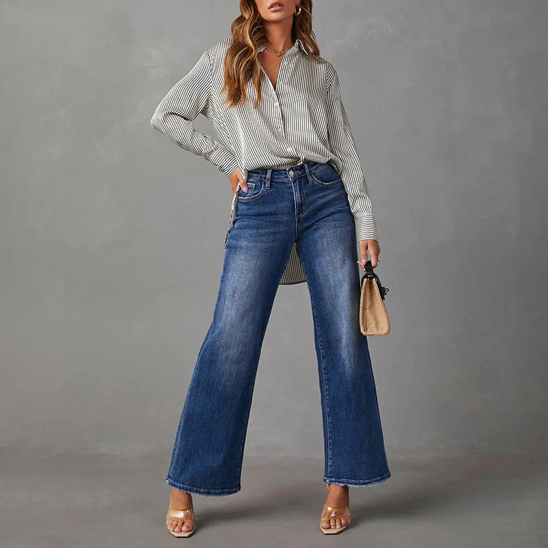 Damen High-Waist Denim-Schlaghose mit weitem Bein und leichter Vintage-Waschung Drune