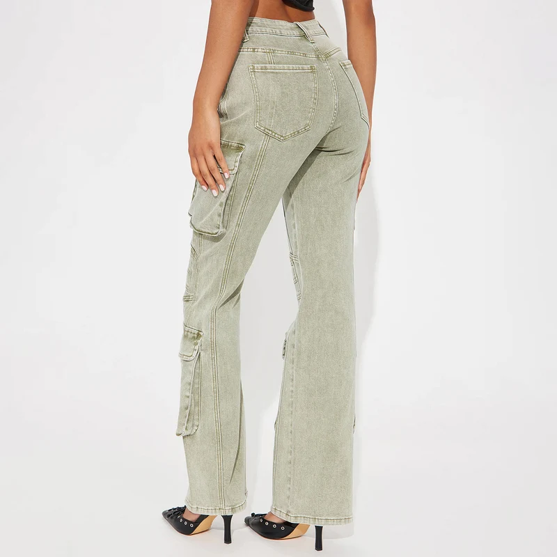 Damen High-Waist Cargo-Denimhose mit weitem Bein, Mehrfachtaschen und Used‑Details Drune