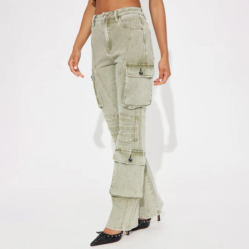 Damen High-Waist Cargo-Denimhose mit weitem Bein, Mehrfachtaschen und Used‑Details Drune