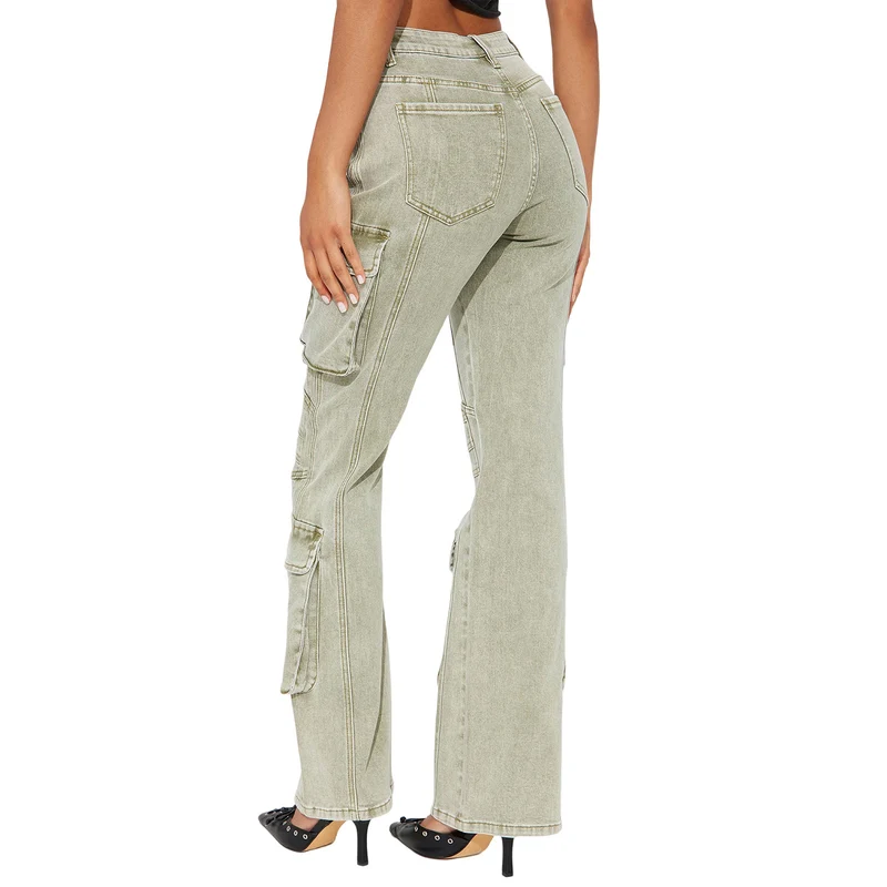 Damen High-Waist Cargo-Denimhose mit weitem Bein, Mehrfachtaschen und Used‑Details Drune