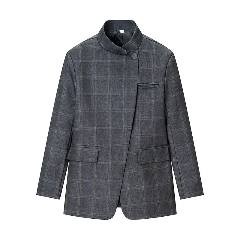 Herren Karierter Stehkragen-Blazer mit asymmetrischer Knopfleiste und Pattentaschen Drune