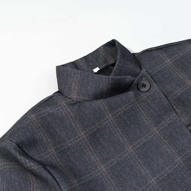 Herren Karierter Stehkragen-Blazer mit asymmetrischer Knopfleiste und Pattentaschen Drune