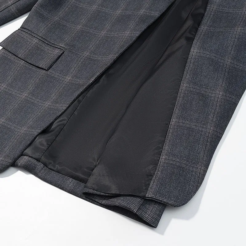 Herren Karierter Stehkragen-Blazer mit asymmetrischer Knopfleiste und Pattentaschen Drune