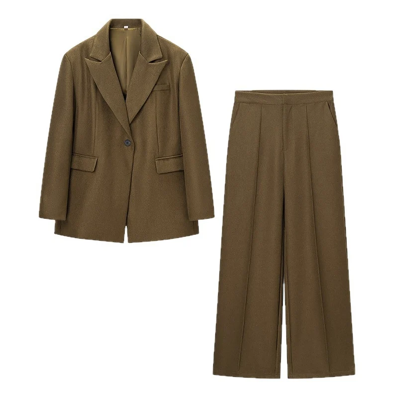 Damen Zweiteiliges Wollmix-Blazer- und Palazzo-Hosen-Set mit Ein-Knopf-Sakko und Bügelfalte Drune