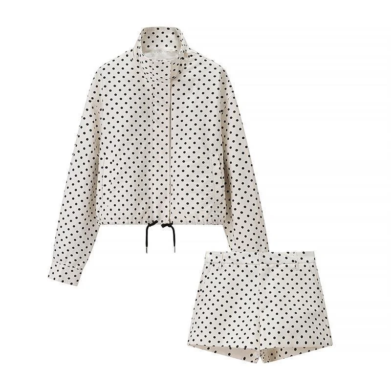 Damen Zweiteiliges Gepunktetes Blazer- und Shorts-Set mit Volumenärmeln und hoher Taille Drune
