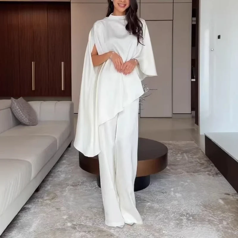 Damen Zweiteiliges Chiffon-Cape mit asymmetrischem Saum und Hose mit elastischem Bund Drune