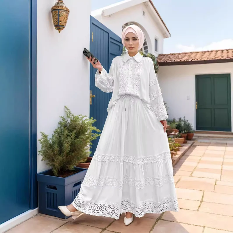 Damen Zweiteiliges Broderie-Anglaise-Set mit Hemdbluse und gestuftem Midirock Drune