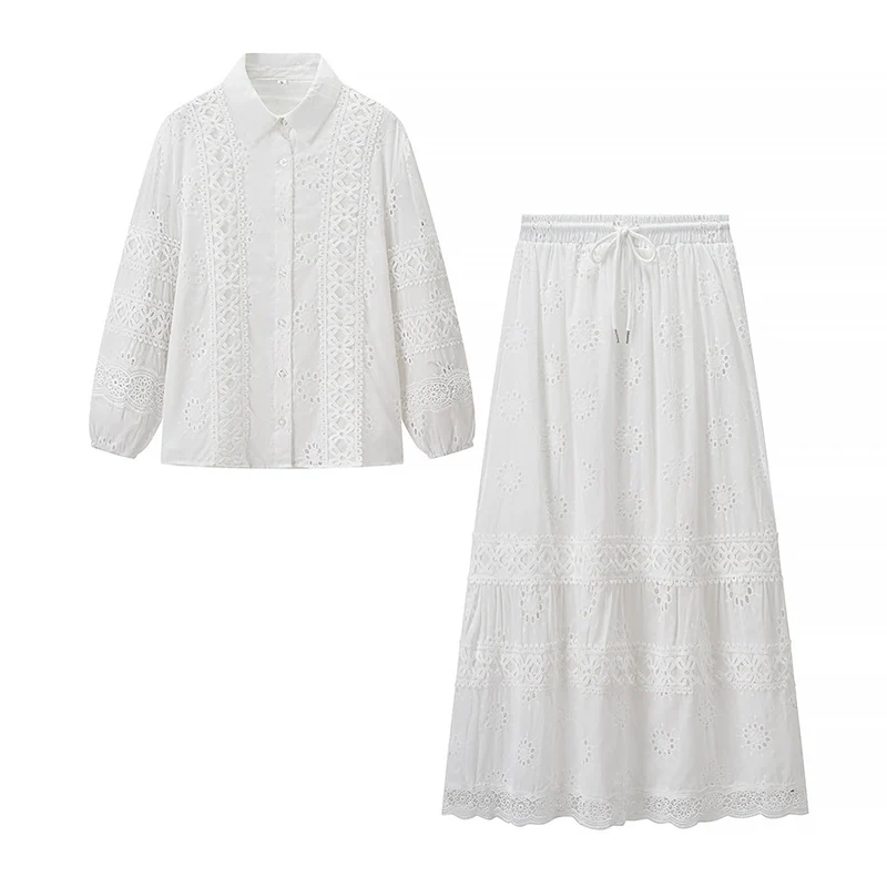Damen Zweiteiliges Broderie-Anglaise-Set mit Hemdbluse und gestuftem Midirock Drune