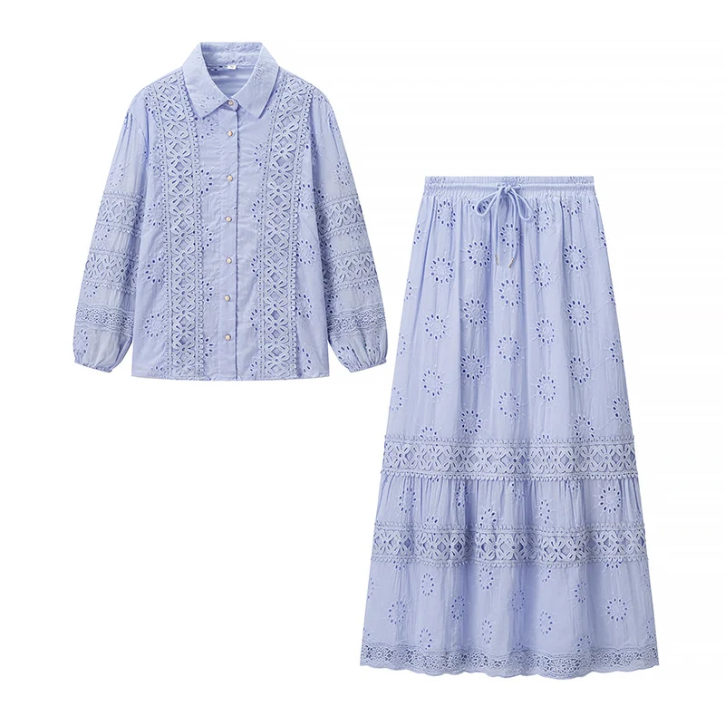 Damen Zweiteiliges Broderie-Anglaise-Set mit Hemdbluse und gestuftem Midirock Drune
