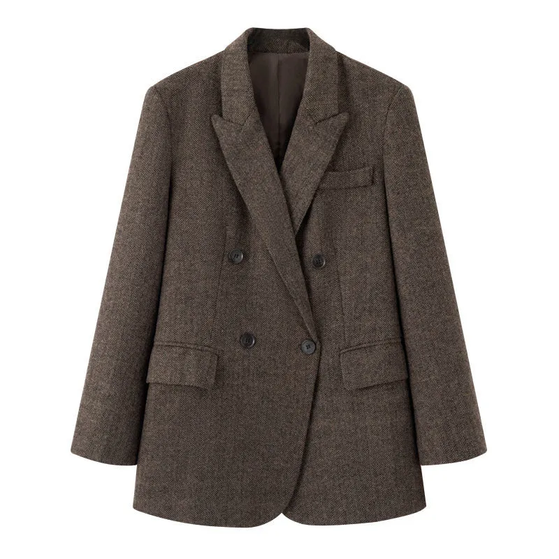 Damen Zweireihiger Wollmix-Blazer im Fischgrätmuster mit Pattentaschen Drune