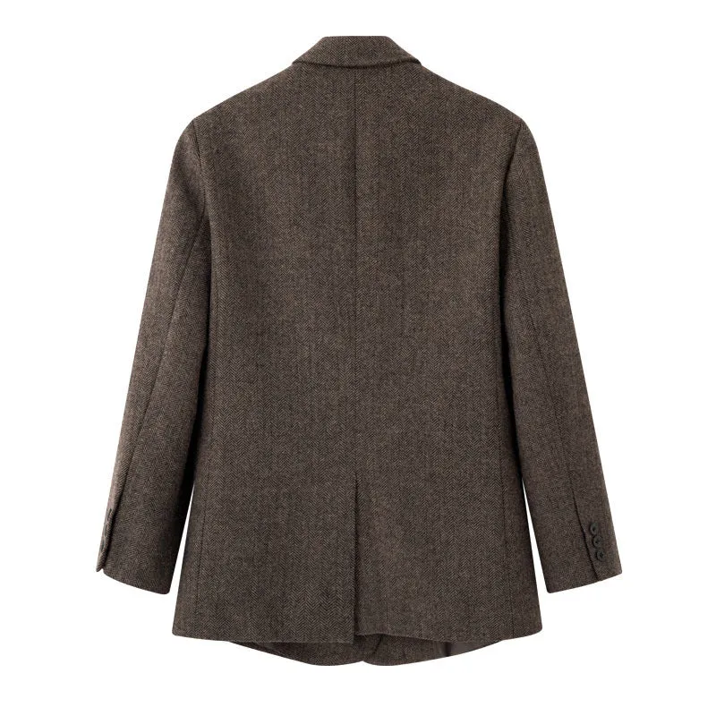 Damen Zweireihiger Wollmix-Blazer im Fischgrätmuster mit Pattentaschen Drune