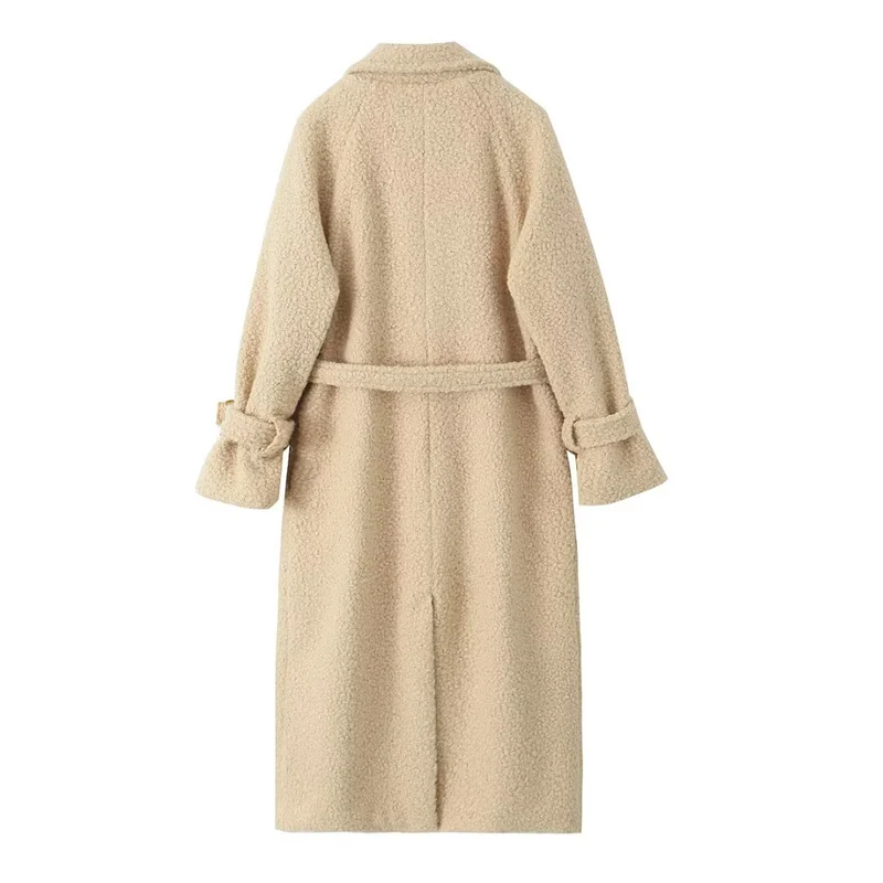Damen Zweireihiger Teddy‑Mantel mit Bindegürtel und Schnallenärmeln Drune
