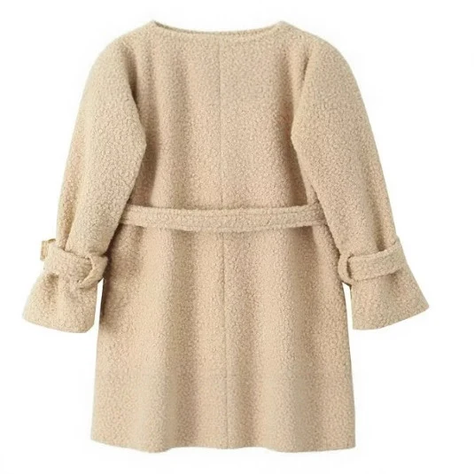 Damen Zweireihiger Teddy‑Mantel mit Bindegürtel und Schnallenärmeln Drune