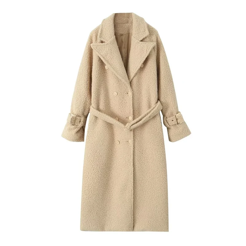 Damen Zweireihiger Teddy‑Mantel mit Bindegürtel und Schnallenärmeln Drune