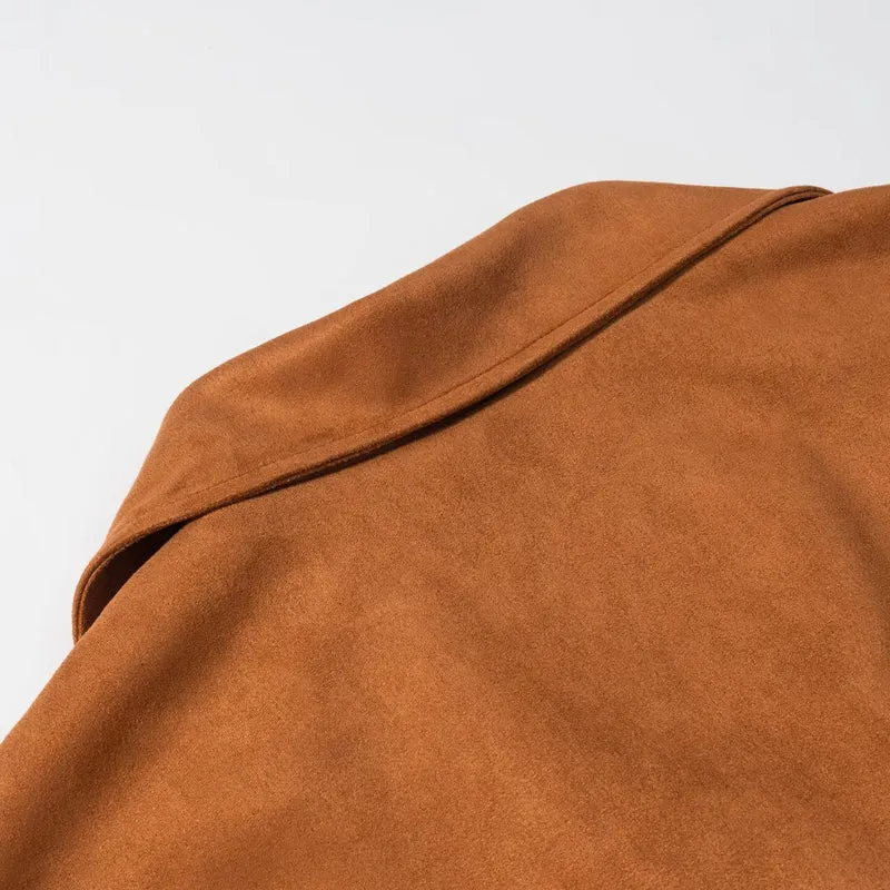 Damen Wildlederoptik Fransenjacke mit Oversized‑Schnitt, Taillengürtel und Statement‑Ärmeln Drune