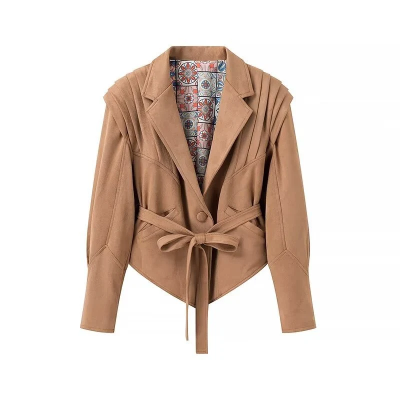 Damen Wildleder‑Wickeljacke mit Taillengürtel und strukturierten Schulterdetails Drune