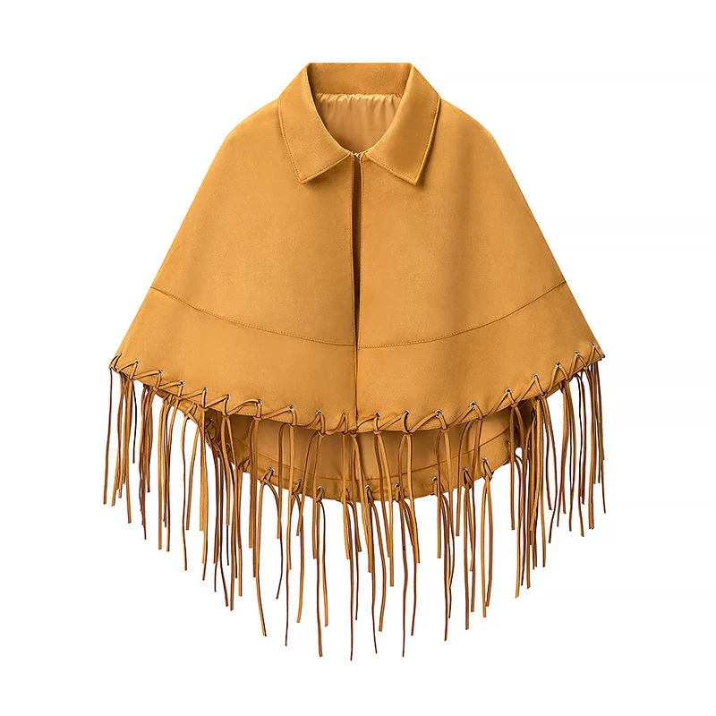 Damen Wildleder‑Optik Fransen‑Cape mit Hemdkragen und Ösenverzierung Drune