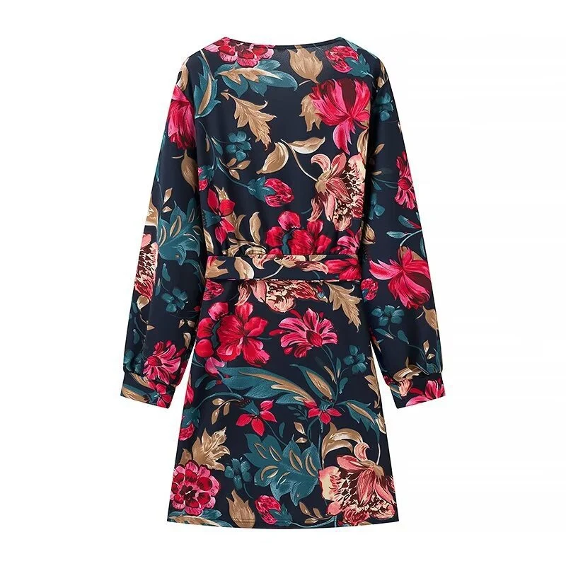 Damen Wickel‑Minikleid mit floralem Alloverprint, V‑Ausschnitt und Taillenband Drune
