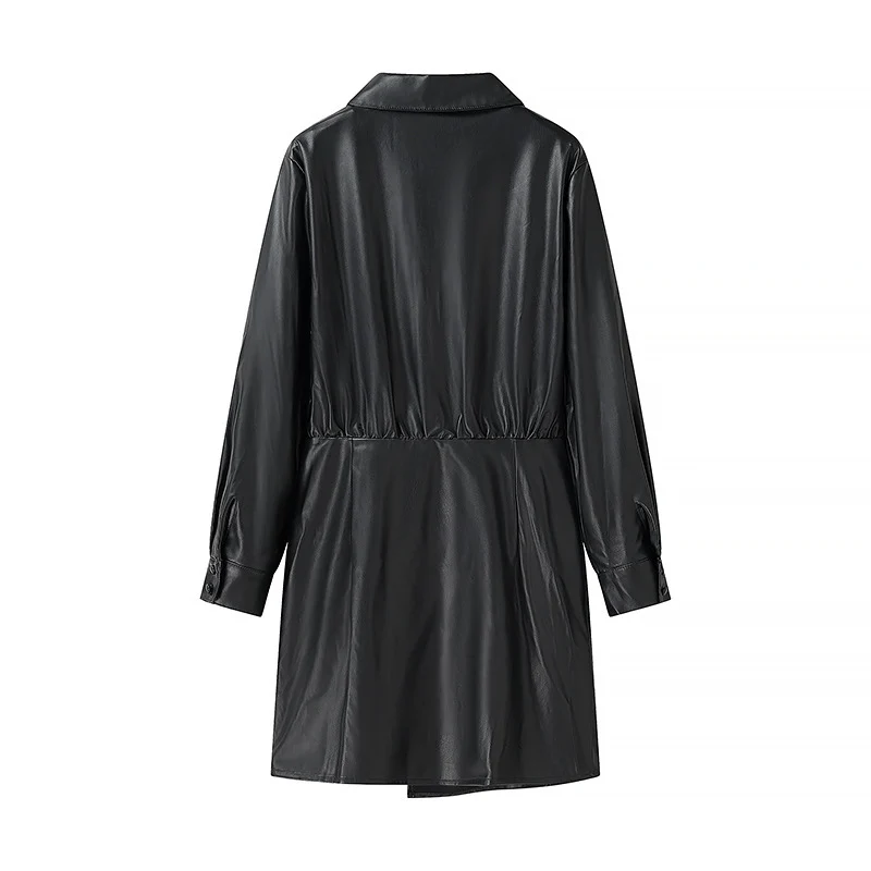 Damen Wickel-Kunstleder-Minikleid mit Hemdkragen, geraffter Taillenpartie und Manschetten Drune